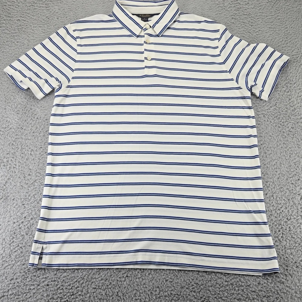 Brooks Brothers Shirt Mens Large Cream Striped Orginal Fit Golf Polo Preppy